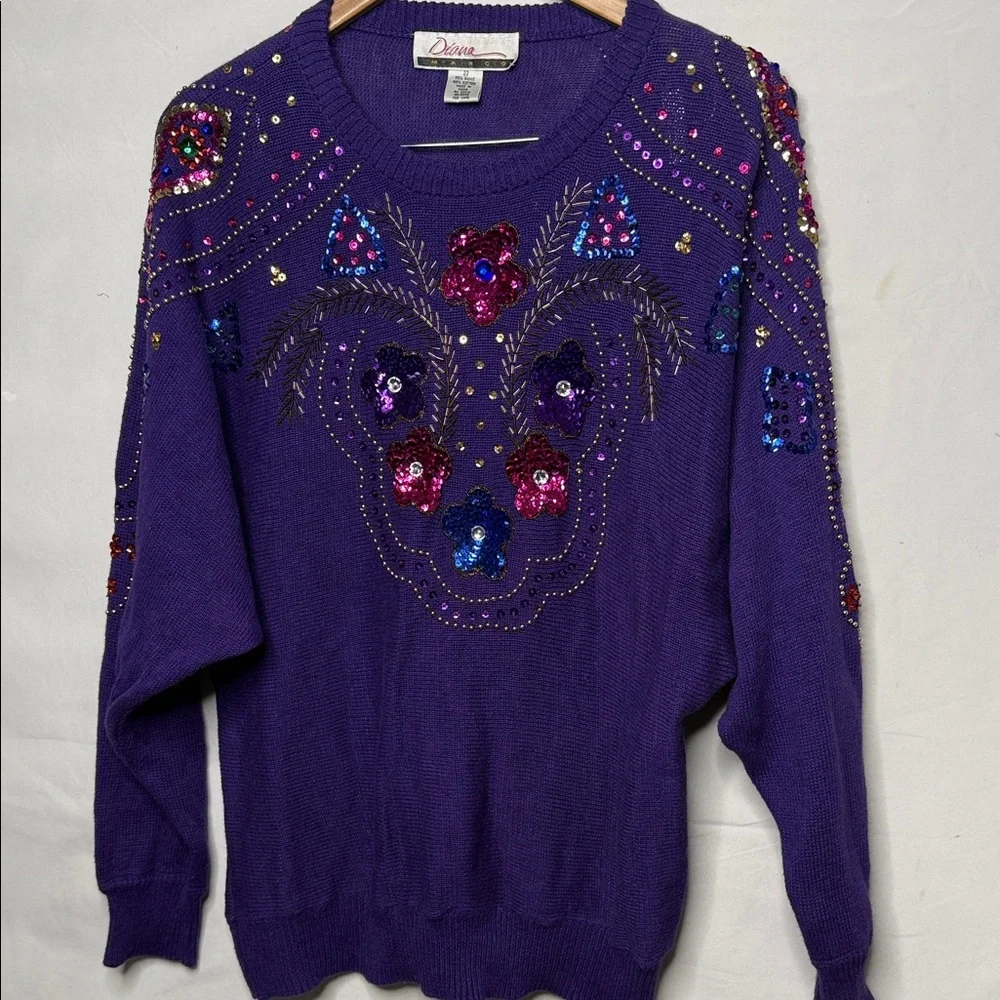 Vintage Diana Marco 1980’s purple embroidered sequin beaded sweater sz 22 Large - Picture 1 of 7